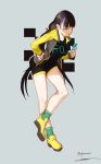  absurdres alternate_costume bangs black_hair black_shirt black_shorts breasts casual cellphone character_name clothes_writing collarbone full_body girls_frontline green_legwear grey_background hand_on_hip heterochromia highres holding holding_phone jacket junexp large_breasts long_hair long_sleeves low_twintails multicolored_hair open_clothes open_jacket parted_lips phone red_eyes ro635_(girls_frontline) shirt shoes short_shorts shorts sidelocks signature simple_background smartphone socks solo standing standing_on_one_leg streaked_hair twintails twitter_username very_long_hair white_hair yellow_eyes yellow_footwear yellow_jacket zipper_pull_tab 