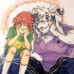  1other androgynous asriel_dreemurr blue_eyes chara_(undertale) child closed_eyes green_shirt grin haramushi highres horns indian_style monster_boy older shirt shorts sitting sitting_on_lap sitting_on_person smile socks spoilers striped striped_shirt t-shirt undertale 