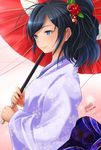  artist_name bangs black_eyes black_hair closed_mouth floral_print flower formal from_side girls_und_panzer hair_flower hair_ornament hair_up haruhata_mutsuki holding holding_umbrella isuzu_hana japanese_clothes kimono light_smile long_hair looking_to_the_side oriental_umbrella ponytail signature solo standing swept_bangs twitter_username umbrella upper_body white_kimono 