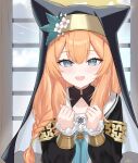  1girl :d absurdres akira_(g0dspeed) animal_ear_headwear aqua_neckerchief black_dress blue_archive blue_eyes blush clenched_hands commentary_request day dress eyelashes film_grain flower frilled_sleeves frills hair_between_eyes halo hands_up happy hat hat_flower highres indoors long_hair long_sleeves looking_at_viewer low-braided_long_hair low-tied_long_hair mari_(blue_archive) neckerchief nun open_mouth orange_hair puffy_long_sleeves puffy_sleeves sailor_collar school_uniform serafuku sidelocks signature smile solo tsurime upper_body white_flower white_sailor_collar window yellow_halo 