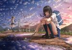  backpack bag black_hair bus_stop cloud cloudy_sky commentary_request frog highres kneehighs loafers multiple_girls navy_blue_legwear original pleated_skirt puddle reflection ripples scenery shading_eyes shoes skirt sky squatting sugi87 sunset yellow_eyes 