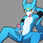  2017 anthro balls blitzdrachin blue_scales claws digimon digital_media_(artwork) dragon erection flamedramon hi_res humanoid_penis looking_at_viewer male penis scales solo spread_legs spreading yellow_scales 