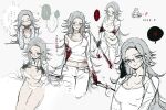  ... 1girl adjusting_eyewear aotsuki_eito black_gloves blood blood_on_face blue_eyes breasts cleavage closed_eyes closed_mouth clothes_lift commentary_request elbow_rest genderswap genderswap_(mtf) glasses gloves gmns728728 grey_hair hand_on_eyewear highres holding holding_weapon lifting_own_clothes long_hair looking_at_viewer medium_breasts midriff multiple_views panties pants shirt simple_background speech_bubble spoken_ellipsis the_hundred_line_-last_defense_academy- translation_request underwear very_long_hair weapon white_panties white_pants white_shirt 