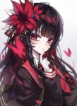  1girl badge black_hair bug butterfly flower gloves hair_flower hair_ornament highres hime_cut long_hair magical_girl mahou_shoujo_no_majo_saiban nikaidou_hiro red_butterfly red_eyes red_flower school_uniform sttail0301 thinking white_gloves 