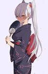  agu alternate_hairstyle amatsukaze_(kantai_collection) blush breasts commentary_request eyebrows_visible_through_hair fan flower from_side hair_flower hair_ornament holding holding_fan japanese_clothes kantai_collection kimono long_hair looking_at_viewer medium_breasts silver_hair simple_background solo standing twintails very_long_hair yellow_eyes yukata 