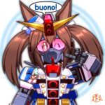  animal_ears brown_hair chest_cannon gundam hair_between_eyes hishi_akebono_(umamusume) horse_ears horse_girl long_hair looking_at_viewer mayohi_neko mecha mobile_suit one_eye_closed psycho_gundam red_eyes robot science_fiction sd_gundam twintails umamusume v-fin zeta_gundam 