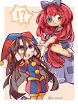  !? 2girls alternate_hair_length alternate_hairstyle arms_behind_head blue_eyes blue_hat blue_shoes blunt_ends border bow brown_eyes brown_hair buttons collared_bodysuit collared_dress commentary_request cropped_torso dress frilled_sleeves frills grin hair_between_eyes hair_bow hat highres holding holding_own_hair ichi_kura64 jester long_hair long_hair_between_eyes looking_up multicolored_eyes multiple_girls open_mouth orange_background outline outside_border pomni_(the_amazing_digital_circus) puffy_short_sleeves puffy_sleeves purple_bow purple_dress ragatha_(the_amazing_digital_circus) red_eyes red_hair red_hat shoes short_sleeves simple_background smile spoken_interrobang striped_clothes striped_hat striped_headwear sweat swept_bangs teeth the_amazing_digital_circus tongue triangle_nose twitter_username two-tone_bodysuit two-tone_eyes two-tone_hat two-tone_headwear upper_teeth_only vertical-striped_bodysuit very_long_hair white_border white_outline 