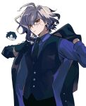  2boys black_gloves black_necktie black_suit black_vest collared_shirt cowboy_shot cross cross_print edmond_dantes_(fate) fate/grand_order fate_(series) fujimaru_ritsuka_(male) gloves gradient_hair head_only highres latin_cross long_sleeves looking_at_another looking_at_viewer multicolored_hair multiple_boys necktie parted_lips ptptprpr purple_shirt scar scar_on_face shirt simple_background suit the_count_of_monte_cristo_(fate) the_count_of_monte_cristo_(second_ascension)_(fate) upper_body vest white_background 