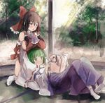  :3 bow breast_rest breasts breasts_on_head brown_eyes brown_hair detached_sleeves green_hair hair_bow hair_tubes hakurei_reimu hug hug_from_behind kochiya_sanae large_breasts long_hair multiple_girls pornography reading short_hair_with_long_locks sitting skirt skirt_set touhou wariza wide_sleeves yohane yuri 