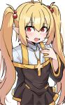  1girl absurdres ahoge black_dress blonde_hair commentary commission cross cross_necklace dress english_commentary fang hair_bobbles hair_ornament highres jewelry latin_cross long_hair long_sleeves looking_at_viewer necklace open_mouth original pointy_ears poyo154297 red_eyes shirt simple_background skin_fang solo twintails very_long_hair white_background white_shirt 