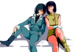  1boy 1girl aeug belt black_hair blue_eyes blue_hair boots breasts dress fa_yuiry gloves gundam highres jacket kamille_bidan long_sleeves looking_at_viewer military_uniform open_mouth pgmajimaji retro_artstyle shirt short_hair sleeveless white_gloves zeta_gundam 