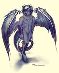  anthro canine digitigrade feathered_wings feathers featureless_crotch hybrid lukiri male mammal nude simple_background solo standing white_background wings 