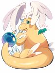  absurdres claws closed_mouth dragon dragonite embarrassed feathered_wings full_body green_eyes head_wings highres horns komanychi mega_dragonite mega_pokemon no_humans pokemon pokemon_(creature) pokemon_focus simple_background single_horn sitting solo tail tearing_up tears white_background wings 