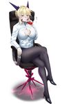  adapted_object artoria_pendragon_(all) artoria_pendragon_(lancer_alter) bangs black_bra black_footwear black_legwear black_skirt blonde_hair bra bra_peek braid breasts brown_eyes business_suit button_gap chair cleavage closed_mouth crossed_legs dark_rhongomyniad dress_shirt eyebrows_visible_through_hair fate/grand_order fate_(series) formal full_body hair_between_eyes high_heels highres hitotsuki_nebura juice_box large_breasts office_chair office_lady open_clothes open_shirt pantyhose partially_unbuttoned pencil_skirt shirt shoes short_hair sidelocks simple_background sitting skirt solo suit thighs tomato_juice tsurime unbuttoned unbuttoned_shirt underwear white_background 