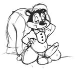  anthro balls blush bow_tie cigarette clothing cuffs_(disambiguation) emenius erection half-closed_eyes hand_behind_head hand_on_hip kneeling looking_at_viewer looney_tunes male monochrome panties penis pep&eacute;_le_pew pose presenting pubes simple_background solo spats underwear warner_brothers 