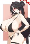  1girl absurdres areola_slip armpit_crease bare_arms bare_shoulders bikini black_bikini black_choker black_hair black_wings blue_archive blush border breasts brown_background choker cleavage collarbone commentary covered_nipples cowboy_shot feathered_wings from_side gradient_background grin groin hair_between_eyes hair_bun halo halterneck hand_on_own_hip hasumi_(blue_archive) hasumi_(swimsuit)_(blue_archive) highres huge_breasts long_bangs long_hair looking_at_viewer looking_to_the_side low_wings mole mole_under_eye navel official_alternate_costume official_alternate_hairstyle outside_border parted_lips pendant_choker ponytail profile red_eyes red_halo side-tie_bikini_bottom sideways_glance single_hair_bun skindentation smile solo standing stomach strap_gap string_bikini sweat swimsuit thigh_strap txlyre white_border wings 