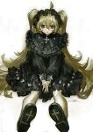  1girl :o ahoge black_dress blonde_hair commentary cross dress freckles frilled_dress frills full_body gothic_lolita hairband highres interlocked_fingers komenomoku latin_cross lolita_fashion lolita_hairband long_hair long_sleeves looking_at_viewer original painterly parted_lips puffy_long_sleeves puffy_sleeves shoe_soles shoes simple_background sitting solo twintails very_long_hair white_background yellow_eyes 