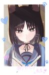  1girl absurdres akira_(g0dspeed) animal_ear_fluff animal_ears black_eyes black_hair black_ribbon blue_archive blue_neckerchief blue_robe blue_sailor_collar blush border bright_pupils cat_ears cat_girl choker commentary extra_ears eyelashes facial_mark hair_between_eyes heart highres kikyou_(blue_archive) neck_ribbon neckerchief paw_print portrait ribbon robe sailor sailor_collar school_uniform serafuku short_hair solo sweatdrop translation_request tsurime upper_body whisker_markings white_border white_pupils 