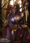  2017 amber_eyes animal_humanoid arachnid areola armor arms_tied armwear arthropod blush bound breast_grab breast_squish breasts breasts_frottage clothed clothing depth_of_field detailed_background digital_media_(artwork) duo elise_(lol) eyebrows eyelashes eyes_closed female female/female forest full-length_portrait greaves grope hair hand_on_back hand_on_breast headgear helmet hi_res hoobamon humanoid kissing kneeling league_of_legends light lips looking_at_partner midriff multi_limb navel nipples not_furry outside partially_clothed patreon pink_nipples portrait pseudo_clothing purple_hair purple_lips purple_nipples purple_skin restrained riot_games shiny shoulder_guards shyvana side_view skimpy spider spider_web tree video_games web 
