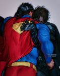  2boys arm_around_back batman batman_(series) belt black_cape black_hair blue_bodysuit bodysuit briefs cape closed_eyes commentary cowboy_shot dc_comics english_commentary grey_background hand_on_another&#039;s_head highres hug male_focus male_underwear multiple_boys red_cape simple_background superman superman_(series) the_batman_(2022) umikochannart underwear watermark yaoi yellow_belt 