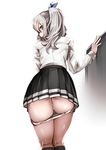  ass black_legwear black_skirt blue_eyes commentary_request feet_out_of_frame from_behind hair_ribbon kantai_collection kashima_(kantai_collection) kneepits long_hair long_sleeves looking_at_viewer looking_back no_hat no_headwear panties panty_pull profile pussy_juice ribbon shirt silver_hair skirt socks solo souryu twintails underwear white_panties white_shirt 