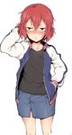  arm_behind_head blush brown_eyes denim denim_skirt hand_in_pocket hand_on_own_head idolmaster idolmaster_cinderella_girls jacket looking_away murakami_tomoe nose_blush open_clothes open_jacket red_hair short_hair skirt solo spirytus_tarou white_background 