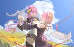  2girls absurdres artist_name bare_shoulders bird black_shorts black_shrug blue_eyes blue_sky breasts chinese_commentary cleavage closed_eyes coat commentary_request cyrene_(honkai:_star_rail) dated day elysia_(honkai_impact) elysia_(miss_pink_elf)_(honkai_impact) hair_ornament highres holding_hands honkai:_star_rail honkai_(series) honkai_impact_3rd in-franchise_crossover inoue_marina interlocked_fingers laot_(02xiangqukanyinghua) long_hair looking_at_another multiple_girls open_mouth outdoors pink_hair pink_pupils purple_coat shorts shrug_(clothing) sky small_breasts smile thighs voice_actor_connection white_bird 