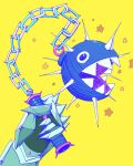  black_eyes chain_chomp clawed_gauntlets commentary english_commentary flail guppiesz highres holding holding_flail holding_weapon mario_(series) open_mouth sharp_teeth spikes star_(symbol) teeth weapon yellow_background 