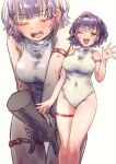  1boy 1girl blush breasts brown_eyes closed_eyes commentary_request disembodied_hand fingering fuwa_uneuchi hetero highres large_breasts multiple_views nanase_suzuna nijisanji one-piece_swimsuit one_eye_closed open_mouth paid_reward_available purple_hair short_hair simple_background swimsuit teeth thigh_strap upper_teeth_only variant_set virtual_youtuber waving white_background white_one-piece_swimsuit 