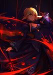  ahoge artoria_pendragon_(all) blonde_hair braid breasts choker cleavage dark_excalibur error fate/stay_night fate_(series) gothic_lolita highres juliet_sleeves lolita_fashion long_skirt long_sleeves looking_at_viewer medium_breasts petals puffy_sleeves saber_alter skirt solo sword tenmoon weapon wind yellow_eyes 