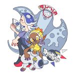  2girls :3 =_= barefoot big_man_(splatoon) blonde_hair blue_hair chest_sarashi closed_mouth commentary crop_top eyelashes fangs flat_color frye_(deep_cut_outfit)_(splatoon) frye_(splatoon) gradient_hair hand_fan highres holding holding_fan inkling manta_ray medium_hair midriff multicolored_hair multiple_girls navel octoling open_mouth pants pointy_ears purple_hair red_eyes red_shoes sarashi shirt shiver_(deep_cut_outfit)_(splatoon) shiver_(splatoon) shoes simple_background sleeveless sleeveless_shirt smile splatoon_(series) splatoon_3 squatting standing starrymarii tentacle_hair white_background white_pants yellow_eyes yellow_shirt 