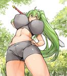  bike_shorts breasts green_hair high_ponytail holding huge_breasts impossible_clothes impossible_shirt long_hair midriff navel open_mouth original ponytail sachito shirt solo sumi-chan_(sachito) sword thick_thighs thighs very_long_hair weapon yellow_eyes 