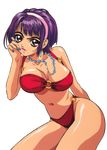  90s angel_links arm_behind_back bikini bow bowtie breasts cowboy_shot earrings hairband hand_on_own_cheek highleg highleg_bikini jewelry large_breasts li_meifon looking_at_viewer nail_polish navel necklace nishida_asako o-ring o-ring_bikini official_art parted_lips red_bikini red_bow red_eyes red_neckwear shiny shiny_skin short_hair solo swimsuit thighs transparent_background 