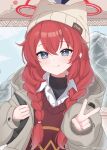  1girl :q absurdres akira_(g0dspeed) animal_ear_headwear beanie blue_archive blue_eyes blush braid bright_pupils closed_mouth coat collared_shirt commentary eyelashes grey_coat grey_hat hair_between_eyes halo hands_up hat highres long_hair looking_at_viewer maki_(blue_archive) maki_(camp)_(blue_archive) official_alternate_costume official_alternate_hairstyle open_clothes open_coat red_hair red_halo red_sweater shirt simple_background sleeves_past_wrists smile solo sweater tongue tongue_out tsurime twin_braids twitter_username upper_body v white_pupils white_shirt 