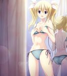  :d arimura_hinae ass bikini blonde_hair blue_eyes breasts chaos;child cleavage collarbone covering covering_breasts eyebrows_visible_through_hair groin hair_between_eyes hair_ribbon highres indoors long_hair looking_at_viewer medium_breasts mirror navel open_mouth ribbon sasaki_mutsumi side-tie_bikini smile solo sparkle standing striped striped_bikini swimsuit twintails underboob untied untied_bikini white_ribbon 