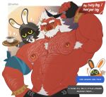  1boy 2others abs animal_ears armband armpit_hair armpits artist_name bara bare_pectorals beard belly biceps big_daddy_(zenless_zone_zero) boar_boy boar_ears bracelet butler_(zenless_zone_zero) closed_mouth colored_skin drawreshi earrings english_commentary english_text eous_(zenless_zone_zero) facial_hair fingerless_gloves furry furry_male gloves hand_on_own_hip highres holding holding_removed_eyewear holding_tray jewelry long_hair looking_at_viewer multiple_others multiple_piercings muscular muscular_male navel nipple_piercing nipples non-humanoid_robot pectorals piercing pig_nose plump rabbit_ears red_skin robot sparkle speech_bubble spiked_bracelet spikes sunglasses sweat topless_male tray tusks twitter_username unworn_eyewear white_hair zenless_zone_zero 