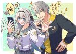 !? 1boy 1girl black_coat black_hairband black_ribbon blush bow bowtie buttons caelus_(honkai:_star_rail) cellphone coat collared_shirt double-breasted firefly_(honkai:_star_rail) firefly_(spring_missive)_(honkai:_star_rail) gradient_eyes gradient_hair green_bow green_bowtie green_pupils grey_hair grey_sailor_collar grey_skirt hair_between_eyes hair_intakes hair_ornament hair_ribbon hairband holding holding_phone honkai:_star_rail honkai_(series) kubota_sei long_hair long_sleeves multicolored_eyes multicolored_hair open_clothes open_coat open_mouth phone plaid_bow plaid_bowtie plaid_clothes pleated_skirt ribbon sailor_collar shirt skirt smartphone smile sparkle star_(symbol) sweatdrop teeth trailblazer_(honkai:_star_rail) white_shirt white_sleeves yellow_eyes 