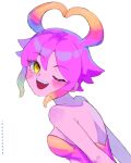  1girl ;d absurdres armpit_crease arms_at_sides artist_name backless_shirt bare_shoulders blonde_hair blush breasts colored_skin cutout_above_navel eyes_visible_through_hair fang flipped_hair from_behind gradient_hair hair_between_eyes highres idawnrunner looking_at_viewer looking_back marina_(omori) multicolored_hair omori one_eye_closed open_mouth pink_shirt pink_skin shirt short_hair sidelocks simple_background small_breasts smile solo strapless strapless_shirt teeth tentacle_hair tsurime turning_head two-tone_hair upper_body upper_teeth_only white_background yellow_eyes 