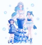  051_ogoli 3girls :d absurdres bead_bracelet beads blue_dress blue_hair blue_shoes bracelet breasts brionne bubble cleavage commentary_request dress evolutionary_line hair_beads hair_ornament hand_up happy highres jewelry long_hair looking_at_viewer multiple_girls navel open-toe_boots open_mouth personification pokemon popplio primarina shoes shorts smile socks standing toes white_background white_shorts white_socks 