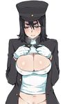  akitsu_maru_(kantai_collection) alternate_skin_color areola_slip areolae black_eyes black_hair blush bottomless breasts cleavage cleavage_cutout commentary_request eroe gloves hair_between_eyes hat kantai_collection large_breasts looking_away meme_attire military military_uniform navel open-chest_sweater parted_lips peaked_cap pubic_hair ribbed_sweater short_hair smile solo standing sweat sweater uniform upper_body white_gloves 