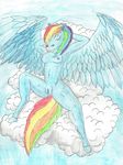  2017 anthro athletic breasts clitoris cloud equine feathers female friendship_is_magic horse invalid_color lying mammal my_little_pony nude nyghtmar3 pegasus pony pussy rainbow_dash_(mlp) relaxing seductive showing small_breasts smile solo traditional_media_(artwork) watercolor_(artwork) wings 