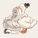  1girl animal_hug apron back_bow bird black_hat blush_stickers bow bow_apron braid brown_bow brown_dress brown_hair brown_shoes child chinese_commentary classic_lolita closed_eyes closed_mouth commentary_request dress eyelashes fashion frilled_dress frilled_sleeves frills full_body goose grey_background hair_ornament hat heart heart_hair_ornament kneehighs kneeling lace-trimmed_dress lace_trim loafers lolita_fashion long_hair mini_hat mini_top_hat original puffy_short_sleeves puffy_sleeves putong_xiao_gou shoes short_dress short_sleeves simple_background single_braid smile socks solo striped_bow striped_clothes striped_dress top_hat vertical-striped_clothes vertical-striped_dress very_long_hair waist_apron white_apron white_bow white_socks 