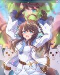  1girl ahoge animal_ears bear belt black_hair blue_eyes blurry blurry_background blush breasts confetti dancing daring_tact_(umamusume) gloves hair_between_eyes hair_ornament highres horse_ears horse_girl horse_tail looking_at_viewer medium_breasts mokichi3356 open_mouth solo stage star_(symbol) star_hair_ornament tail umamusume umapyoi_densetsu 
