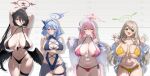  4girls ahoge ako_(blue_archive) alternate_costume bikini bikini_under_clothes black_bikini black_choker black_hair black_wings blue_archive blue_eyes blue_hair bow bow_hairband braid breasts brown_hair choker cleavage collarbone cross_halo feathered_wings front-tie_top green_eyes hair_between_eyes hair_bow hair_bun hairband halo hanako_(blue_archive) hanako_(swimsuit)_(blue_archive) hasumi_(blue_archive) hasumi_(swimsuit)_(blue_archive) height_chart height_mark highleg highleg_bikini highres huge_breasts large_areolae large_breasts lineup long_hair long_hair_between_eyes long_sleeves low_wings multiple_girls navel nipples nonomi_(blue_archive) nonomi_(swimsuit)_(blue_archive) official_alternate_costume official_alternate_hairstyle open_mouth oversized_clothes oversized_shirt oversized_wings pink_hair pink_halo red_eyes red_halo sakusakusakurai shirt side-tie_bikini_bottom swimsuit white_shirt wings yellow_bikini 