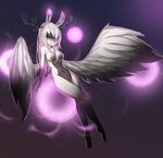  anthro antlers breasts eyelashes feathered_wings feathers featureless_breasts featureless_crotch female fruitbloodmilkshake hair horn navel simple_background smile solo white_feathers white_hair wings yellow_eyes 