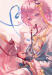  1girl backlighting bloom blue_ribbon blue_shirt bow bowtie commentary_request double-parted_bangs eyeball floral_print gradient_background hair_between_eyes hair_ribbon hand_up heart heart_of_string highres knee_up komeiji_satori looking_at_viewer mouth_hold osakana_(0519_sakana) pink_eyes pink_hair pink_skirt red_ribbon ribbon shirt short_hair simple_background skirt solo stenciled_rose third_eye touhou yellow_bow yellow_bowtie 