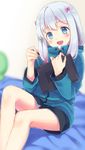  blue_eyes blurry blush bow commentary_request depth_of_field eromanga_sensei hair_bow izumi_sagiri jacket long_hair low-tied_long_hair open_mouth pink_bow silver_hair solo stuffed_animal stuffed_octopus stuffed_toy stylus tablet tobade_(tbdfactory) 