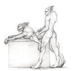  2016 alien anal anthro auguscus bioware butt claws danarius_valterian duo fan_character from_behind_(disambiguation) humanoid male male/male mass_effect monochrome neverneverland not_furry nude open_mouth raised_leg sex simple_background spreading table toes traditional_media_(artwork) turian video_games white_background 