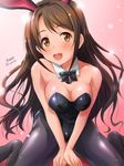  animal_ears artist_name bangs black_bow black_legwear black_leotard black_neckwear bow bowtie breasts brown_eyes brown_hair bunny_ears bunnysuit cleavage detached_collar fake_animal_ears haruhata_mutsuki idolmaster idolmaster_cinderella_girls leotard long_hair looking_at_viewer medium_breasts no_shoes open_mouth pantyhose shimamura_uzuki signature sitting smile solo strapless strapless_leotard thighs twitter_username v_arms wariza 