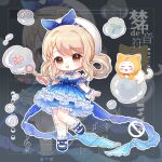  1girl ^_^ absurdres ahoge animal back_bow bare_shoulders beads beret black_background blonde_hair blood blue_blood blue_bow blue_bowtie blue_brooch blue_choker blue_dress blue_shoes blue_sleeves blue_wrist_cuffs blush_stickers bow bow_choker bowtie brooch brown_eyes bubble bubble_print bubble_wand bubbly_voyage_(infinity_nikki) cat chibi choker cloak closed_eyes clothed_animal commission detached_sleeves dot_nose dress ear_covers eyelashes footwear_bow frilled_choker frilled_dress frilled_sleeves frilled_socks frilled_wrist_cuffs frills gradient_background hair_ornament hair_rings hairclip happy hat hat_bow highres holding holding_wand hood hood_up hooded_cloak infinity_nikki jewelry leg_up light_blush mary_janes momo_(nikki) moon_phases moqiluo847 nikki_(nikki) nikki_(series) open_mouth outline procreate_(medium) rabbit_hair_ornament red_bow red_bowtie sample_watermark shoes short_dress short_hair_with_long_locks short_sleeves smile socks striped_bow striped_clothes striped_dress tareme too_many_watermarks traditional_bowtie vertical-striped_clothes vertical-striped_dress wand watermark whiskers white_cat white_hat white_outline white_socks wrist_cuffs yellow_cloak zoom_layer 